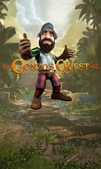 Gonzo, el explorador del tragamonedas, en la selva frente al logo de Gonzo’s Quest